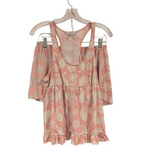 Kathryn Pajama Set Womens Large Peach Paisley Babydoll Tank Top Ruffle Shorts L